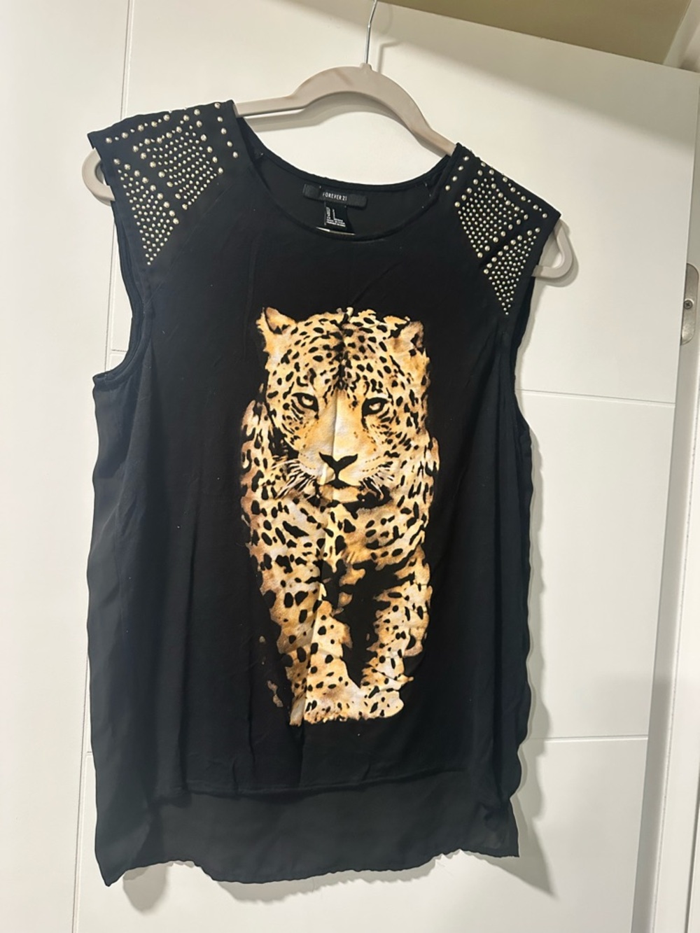 Forever 21 Black Sleeveless Top with Leopard Graphic and Studded Shoulders